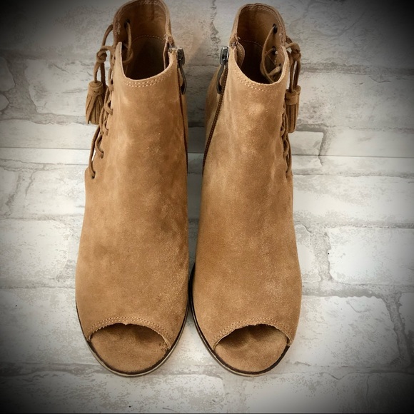 Franco Fortini Ramona Brown Leather Ankle Peep Toe Booties w/Lacing & Tassels - Picture 4 of 9